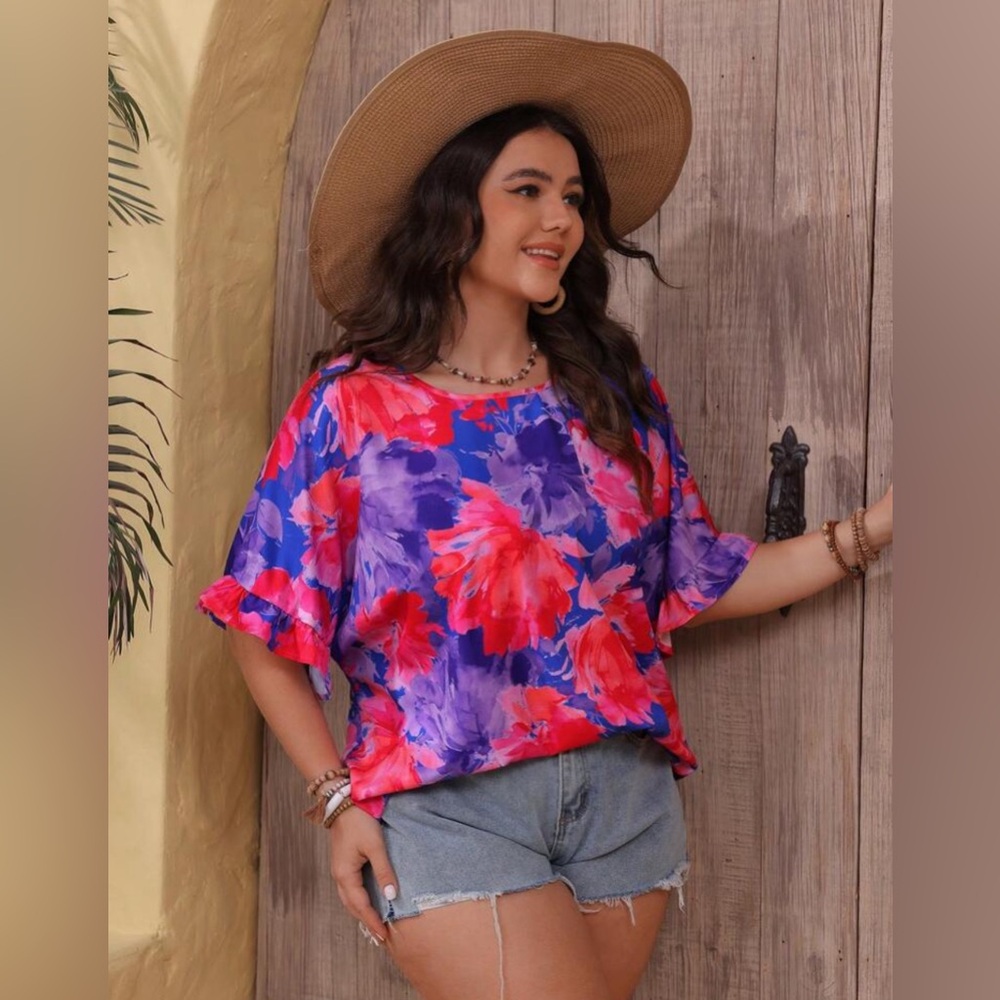 SHEIN Floral Print Batwing Sleeve Holiday Casual Shirt size 12/0X worn once